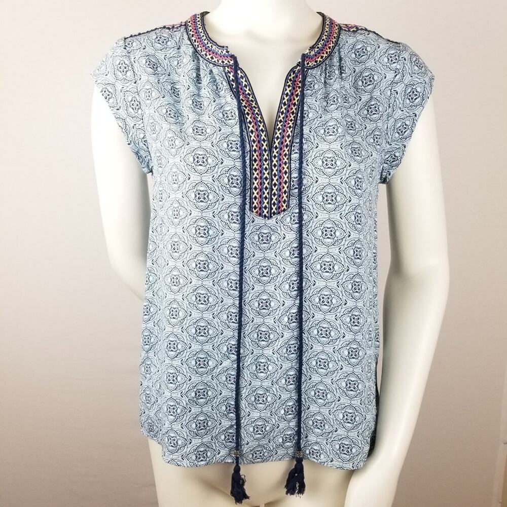 DR2 Daniel Rainn Boho Embroidered Shirt Top S Hi Lo Tassels Popover